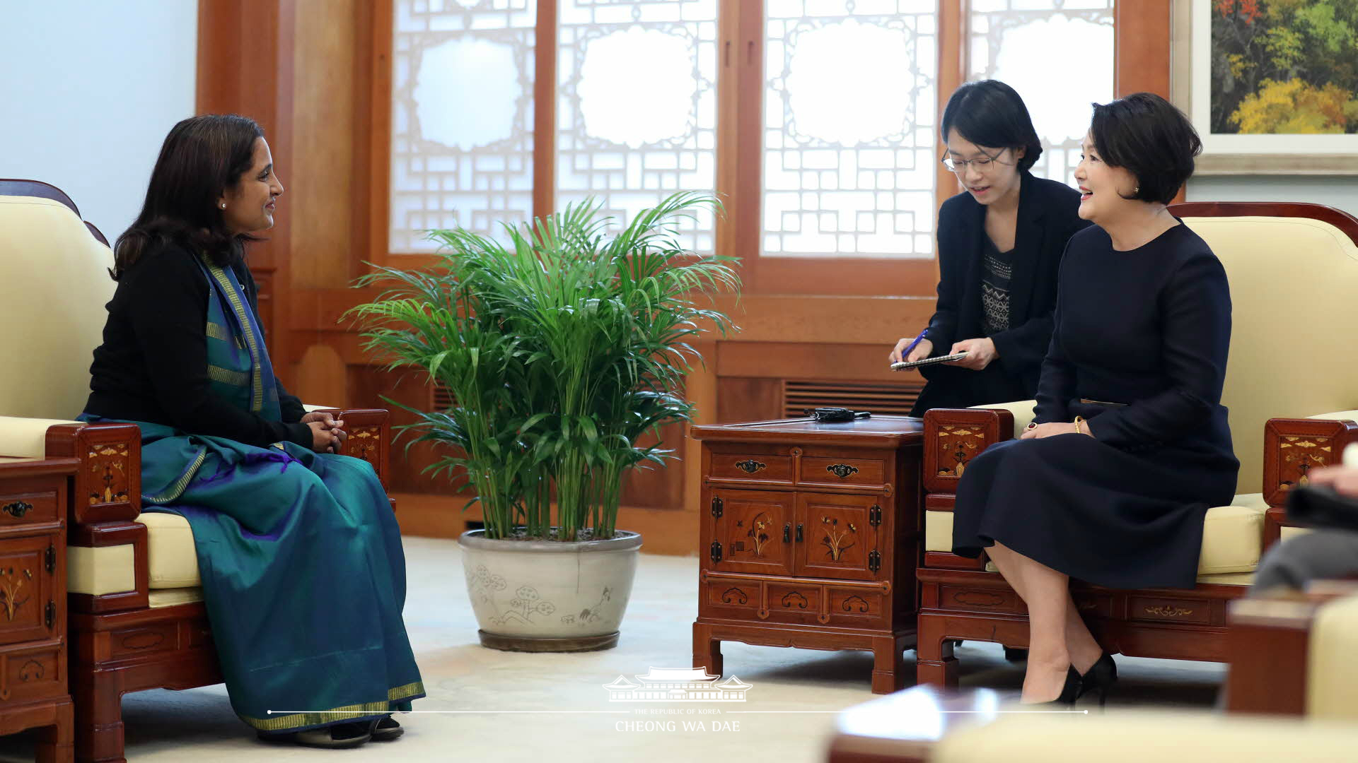 First Lady Kim Jung-sook meeting with Indian Ambassador to Korea Sripriya Ranganathan at Cheong Wa Dae