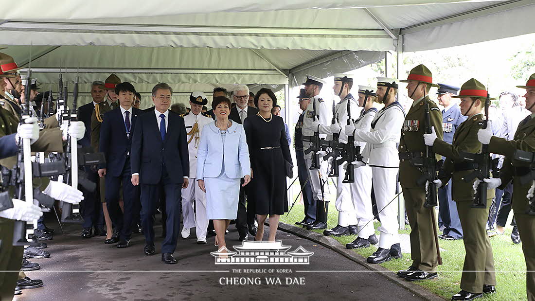 Attending the official welcoming ceremony on a state visit to New Zealand