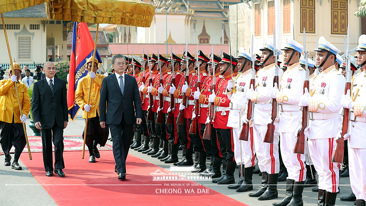 Attending the official welcoming ceremony in Cambodia