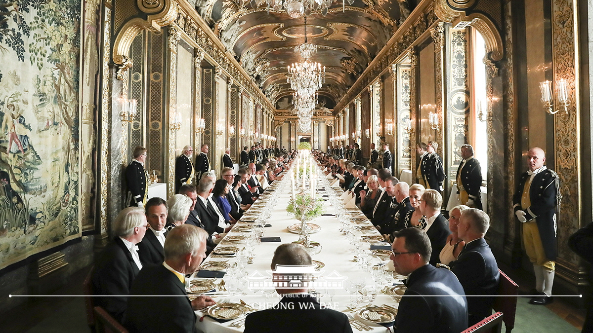 Attending a state dinner hosted by His Majesty King Carl XVI Gustaf of Sweden at the Royal Palace in Stockholm, Sweden