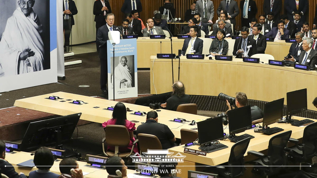 Attending an event marking the 150th anniversary of Mahatma Gandhi’s birth on the sidelines of the 74th U.N. General Assembly at the U.N. Headquarters in New York