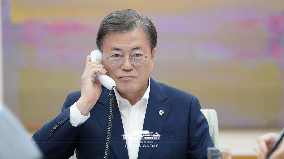 Speaking by phone to President of the United States Donald Trump from Cheong Wa Dae