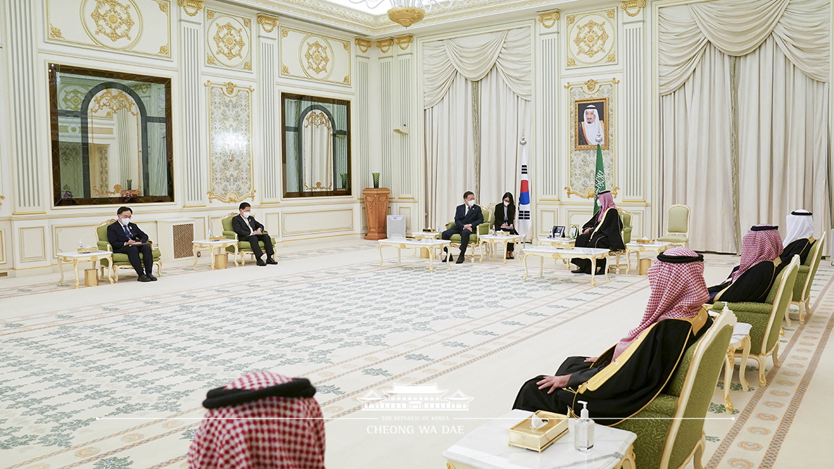 Attending an official meeting and luncheon with Crown Prince Mohammed bin Salman of Saudi Arabia at the Palace of Yamamah in Riyadh