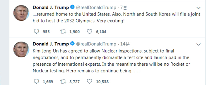 U.S. President Donald Trump posts on his personal Twitter feed about the denuclearization measures agreed upon by the two Korean leaders in the September Pyeongyang Joint Declaration on Sept. 19. (Twitter)