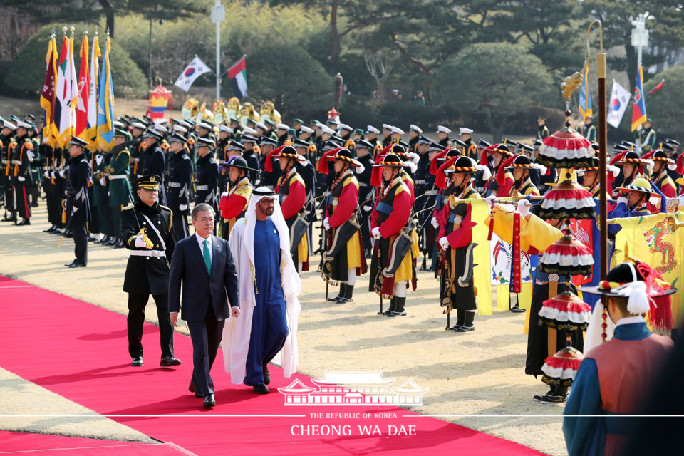 Attending the official welcoming ceremony for Crown Prince Mohammed bin Zayed Al Nahyan of Abu Dhabi at Cheong Wa Dae 