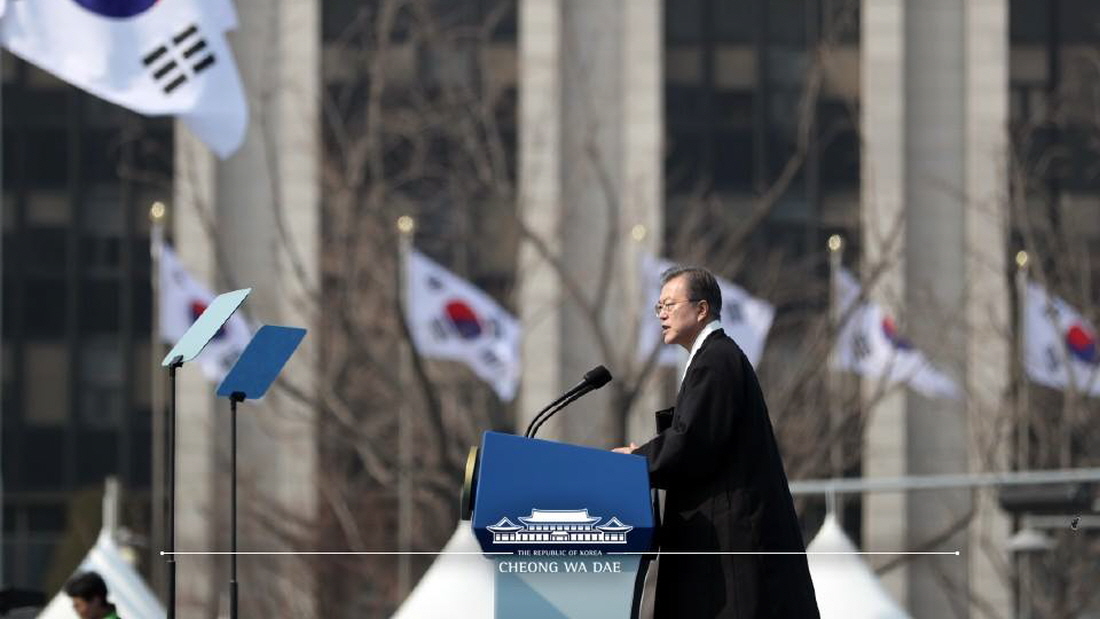 President Moon Jae-in gives a commemorative address on March 1 during the centennial anniversary ceremony for the March First Independence Movement in Seoul's Gwanghwamun Square.