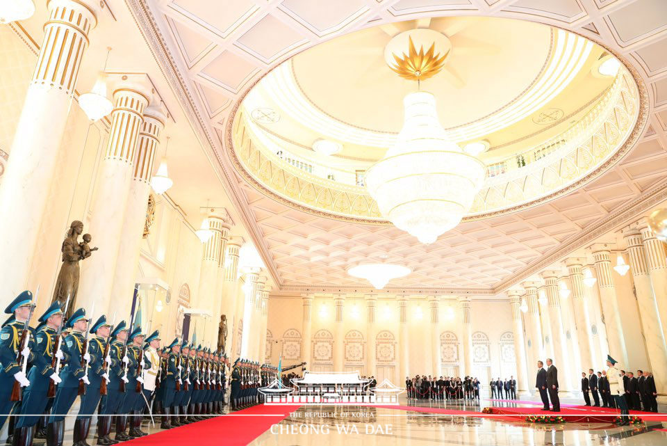 Attending the official welcoming ceremony at the Ak Orda Presidential Palace in Nur-Sultan 