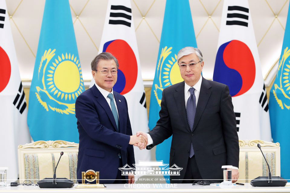 Korea- Kazakhstan MOU signing ceremony and joint press conference at the Ak Orda Presidential Palace in Nur-Sultan