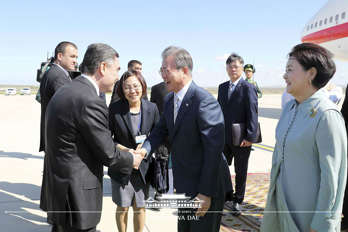 Arriving at Turkmenbashi International Airport in Turkmenistan to tour a Korean-built plant in Kiyanly 