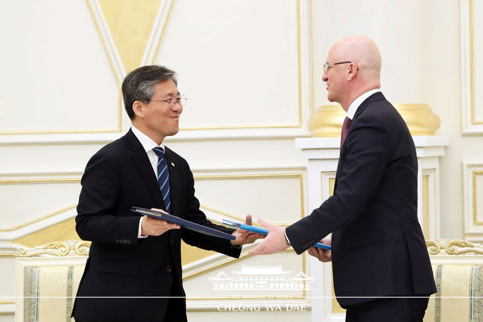 Korea- Kazakhstan MOU signing ceremony and joint press conference at the Ak Orda Presidential Palace in Nur-Sultan