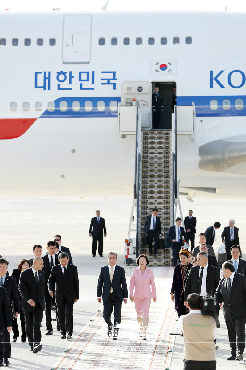 Arriving at Ashgabat International Airport in Turkmenistan for a state visit 