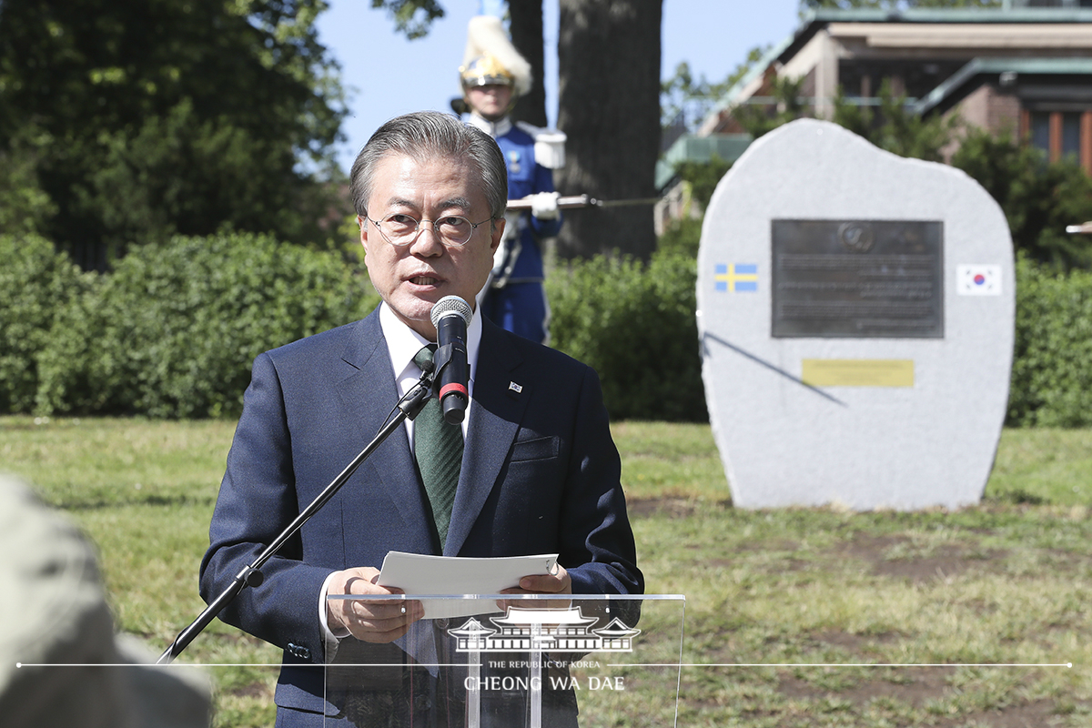 Attending the unveiling of a Korean War memorial at the Royal Djurgarden in Stockholm, Sweden 