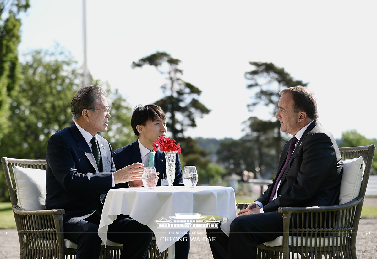 Having a one-on-one conversation with Swedish Prime Minister Stefan Löfven in front of the Grand Hotel Saltsjöbaden in Sweden 