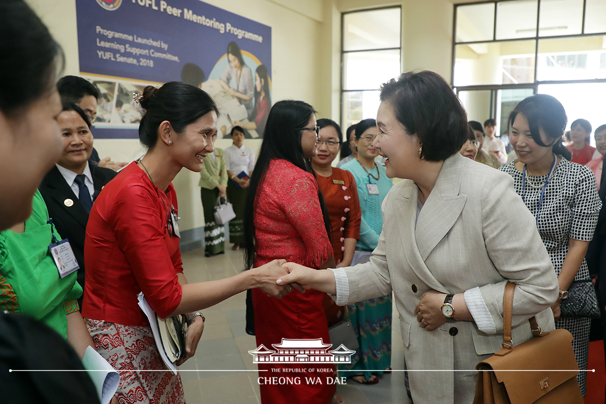 First Lady Kim Jung-sook visiting Yangon University of Foreign Languages in Myanmar 