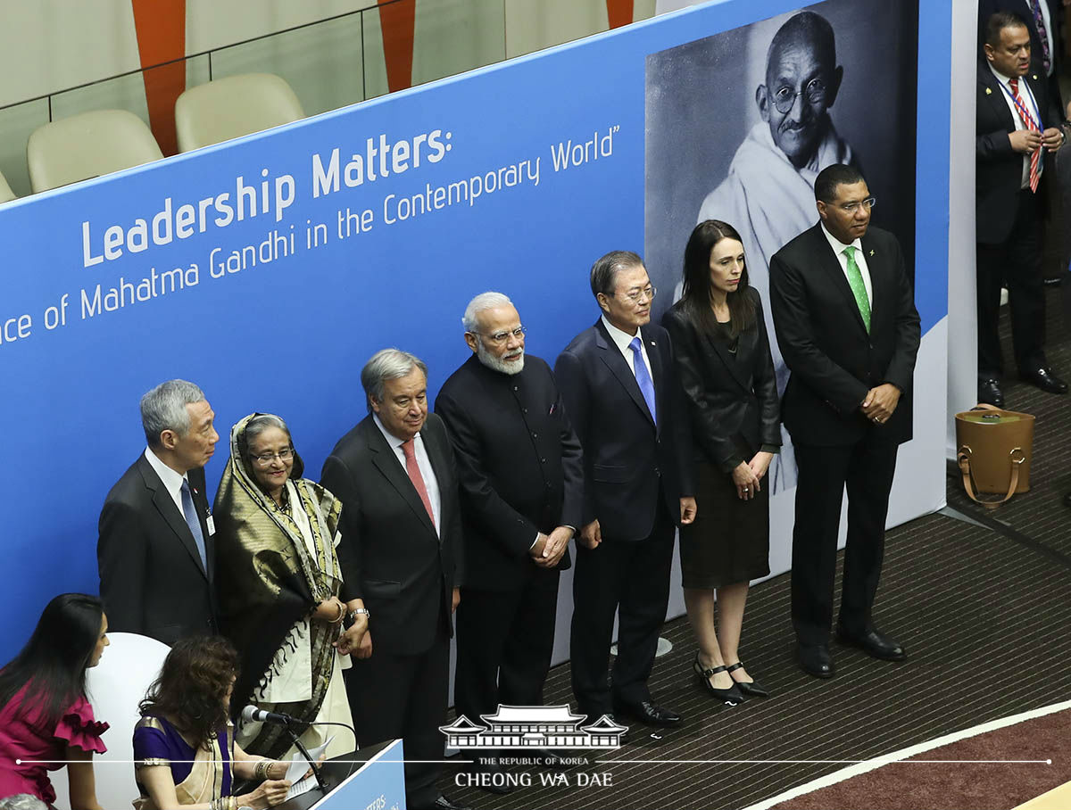 Attending an event marking the 150th anniversary of Mahatma Gandhi’s birth on the sidelines of the 74th U.N. General Assembly at the U.N. Headquarters in New York 