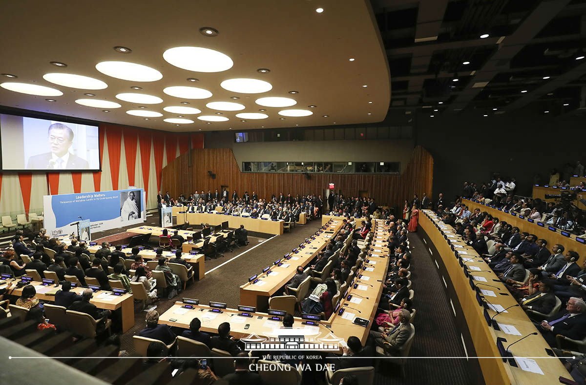 Attending an event marking the 150th anniversary of Mahatma Gandhi’s birth on the sidelines of the 74th U.N. General Assembly at the U.N. Headquarters in New York 