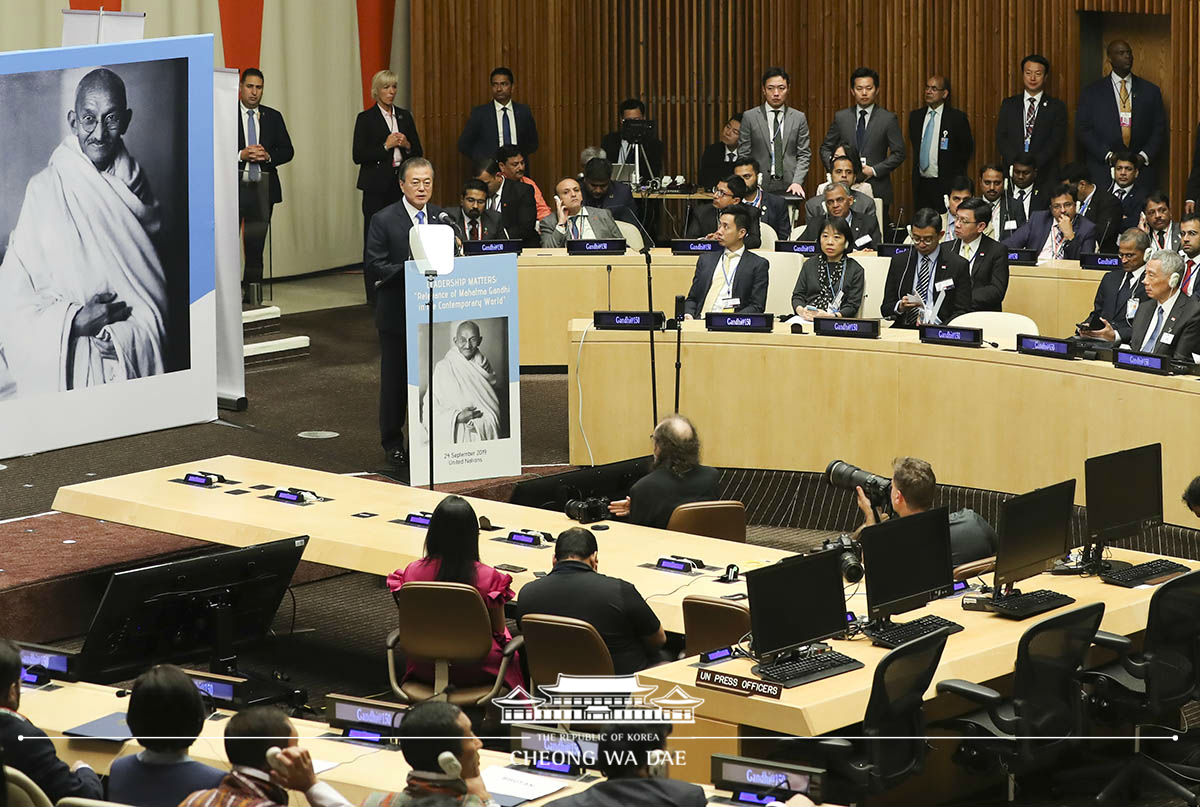 Attending an event marking the 150th anniversary of Mahatma Gandhi’s birth on the sidelines of the 74th U.N. General Assembly at the U.N. Headquarters in New York 