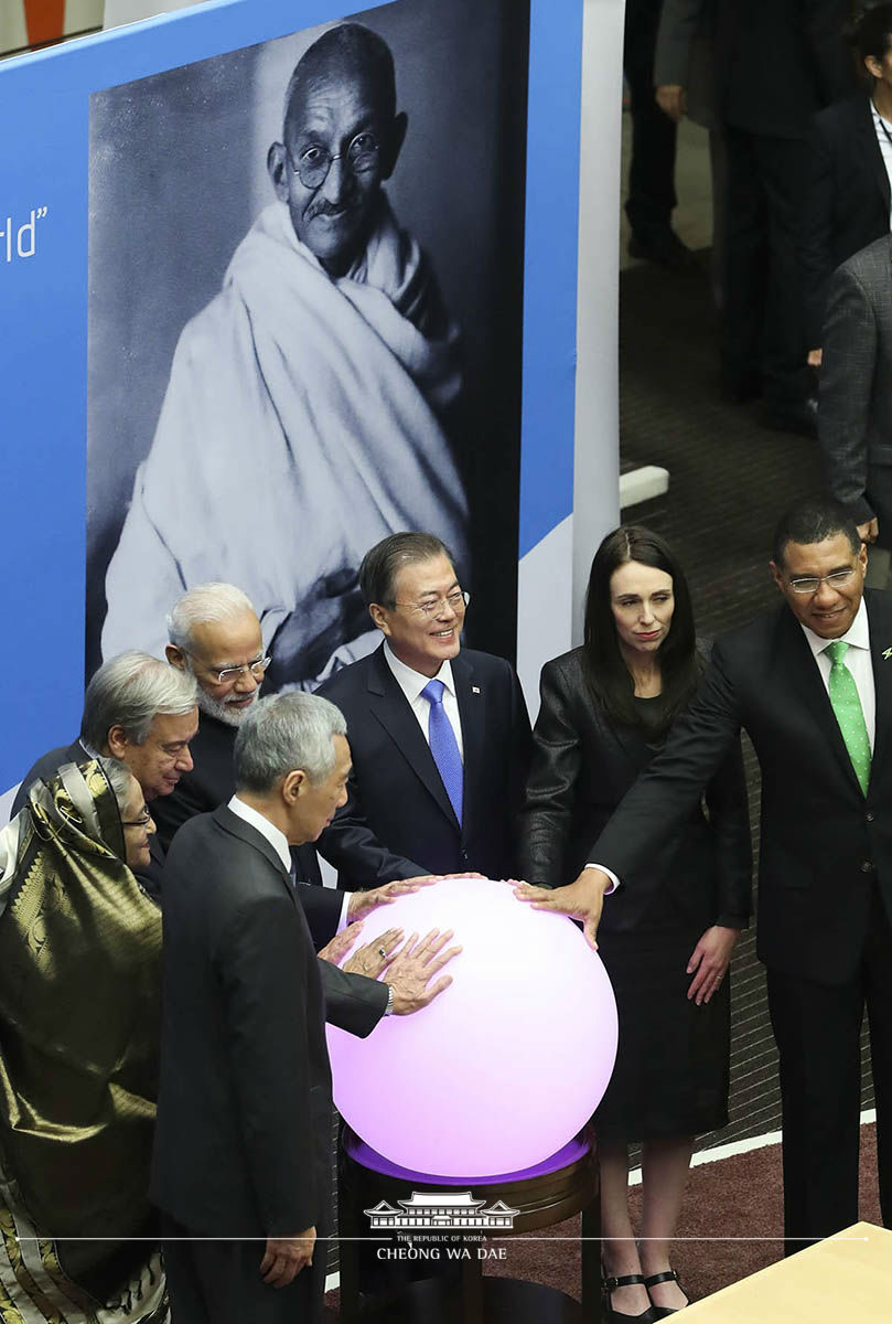 Attending an event marking the 150th anniversary of Mahatma Gandhi’s birth on the sidelines of the 74th U.N. General Assembly at the U.N. Headquarters in New York 