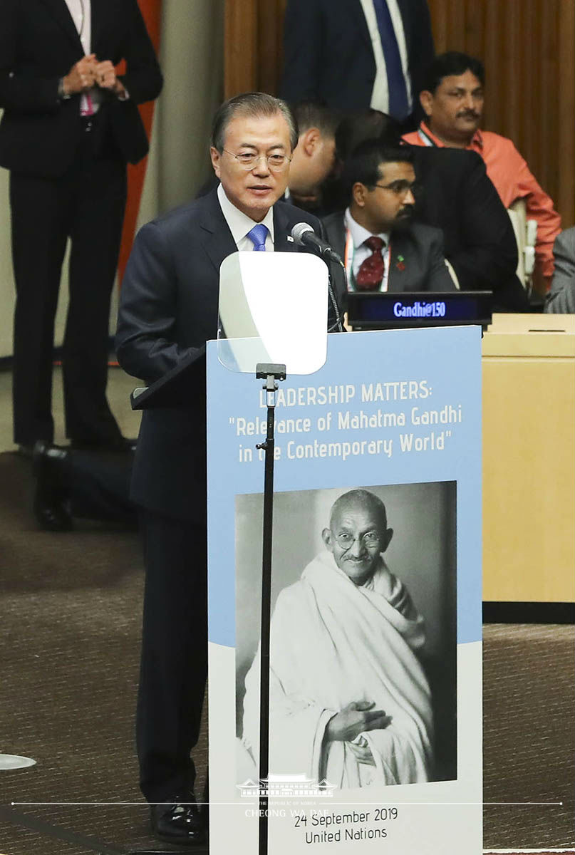 Attending an event marking the 150th anniversary of Mahatma Gandhi’s birth on the sidelines of the 74th U.N. General Assembly at the U.N. Headquarters in New York 