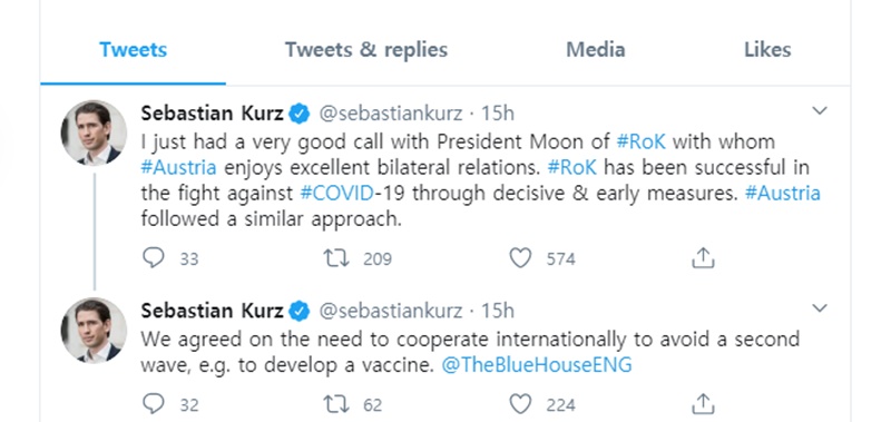 President Moon Jae-in on April 28 held a phone summit with Austrian Chancellor Sebastian Kurz on responding to the coronavirus pandemic. The chancellor mentioned the talks on Twitter by saying, "Austria followed a similar approach." (Screen capture from chancellor's Twitter)