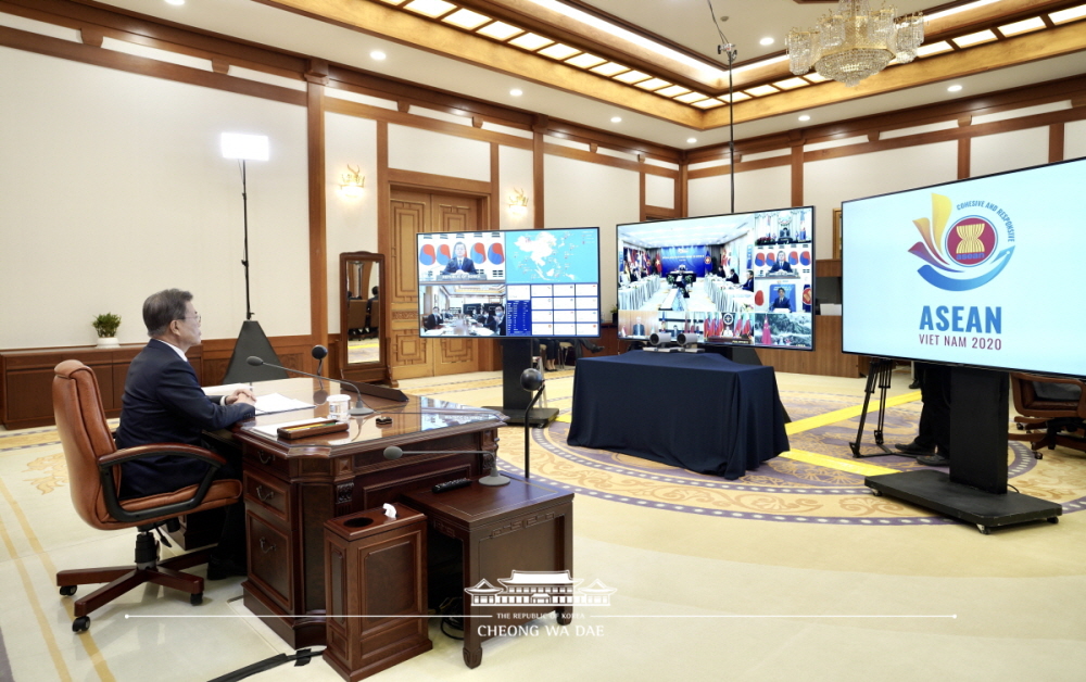 President Moon Jae-in on April 14 takes part in the Special ASEAN Plus Three Summit through videoconferencing. 