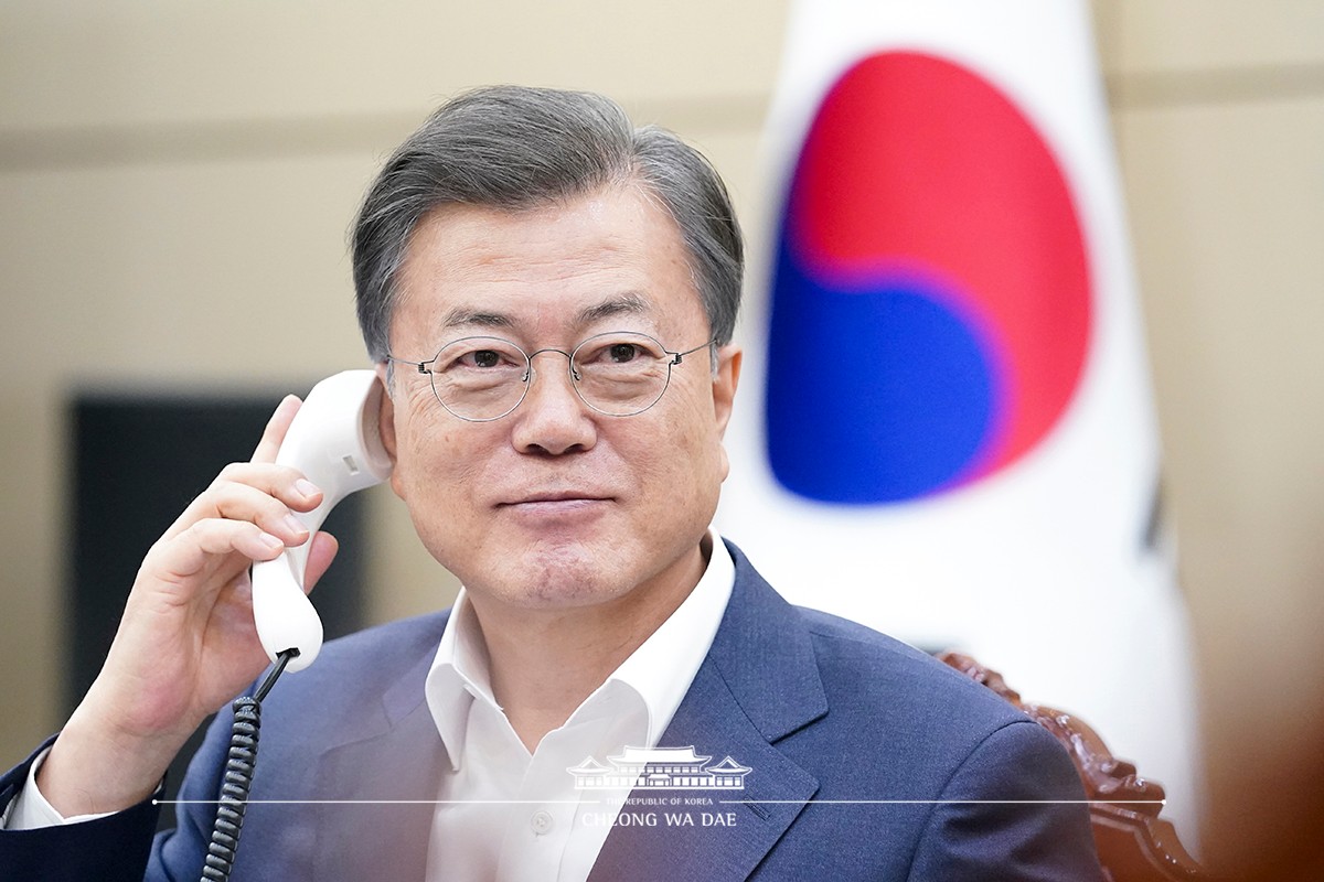 Speaking by phone at Cheong Wa Dae to South African President Cyril Ramaphosa