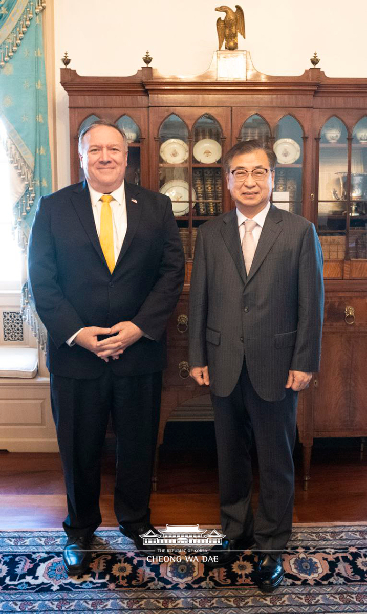 Director of National Security Suh Hoon meeting with U.S. Secretary of State Mike Pompeo in the Department of State headquarters in Washington, D.C.