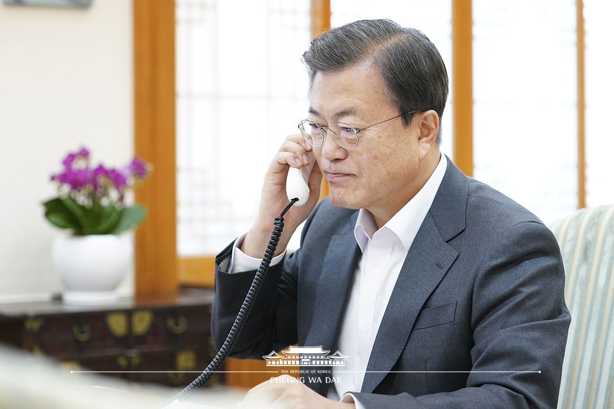 Speaking by phone to President-elect Joe Biden of the United States from Cheong Wa Dae