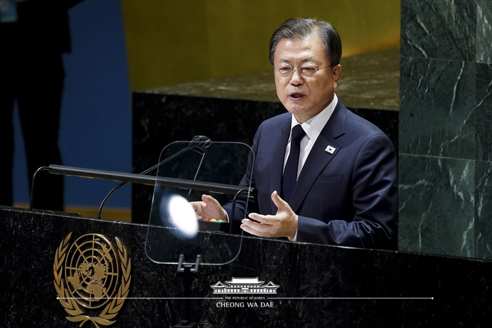 President Moon Jae-in on Sept. 21 delivers a keynote speech at the 76th United Nations General Assembly at U.N. headquarters in New York. 