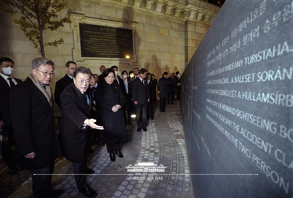 Visiting a memorial site by the Danube for Korean and Hungarian victims of the 2019 sightseeing boat sinking in Budapest