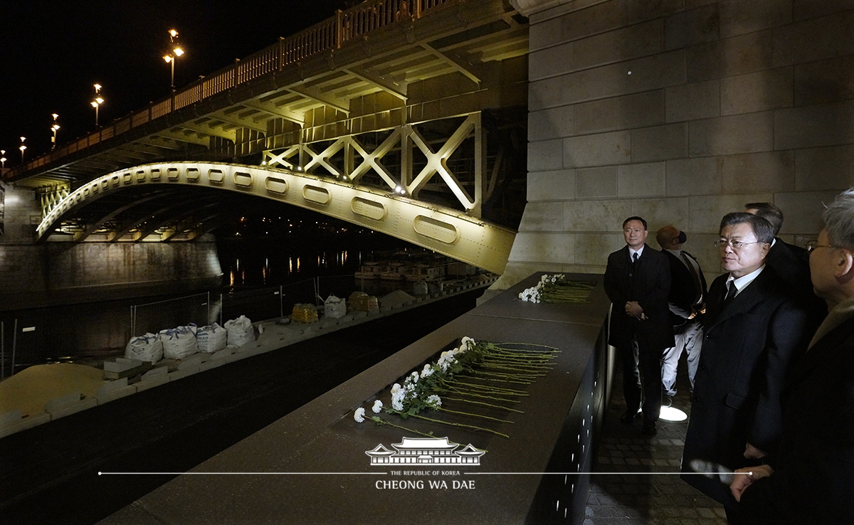 Visiting a memorial site by the Danube for Korean and Hungarian victims of the 2019 sightseeing boat sinking in Budapest