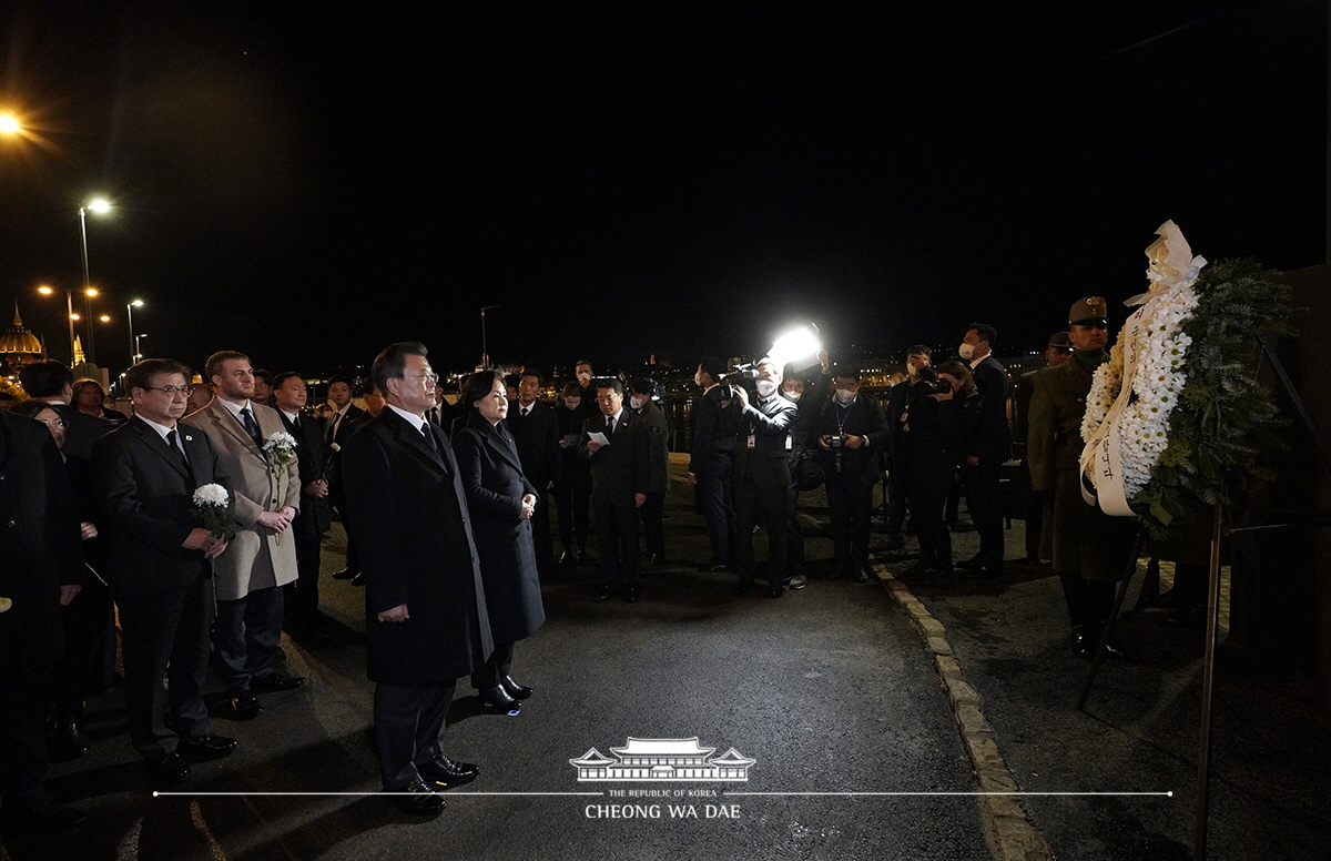 Visiting a memorial site by the Danube for Korean and Hungarian victims of the 2019 sightseeing boat sinking in Budapest