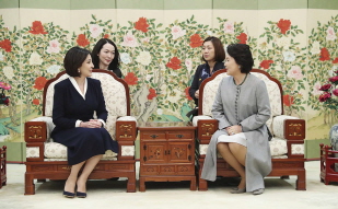 First Lady Kim Jung-sook meeting with Uzbek First Lady Ziroatkhon Hoshimova at Cheong Wa Dae 