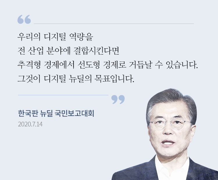 우리의 디지털 역량을 전산업 분야에 결합시킨다면 추격형 경제에서 선도형 경제로 거듭날 수 있습니다. 그것이 디지털 뉴딜의 목표입니다. 문재인 대통령 한국판 뉴딜 국민보고대회 2020.7.14