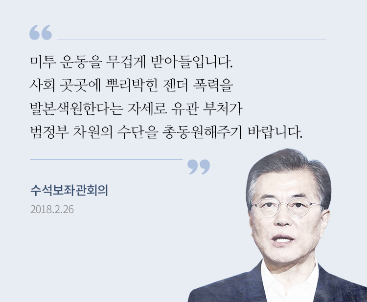 미투 운동을 무겁게 받아들입니다. 사회 곳곳에 뿌리박힌 젠더 폭력을 발본색원한다는 자세로 유관 부처가 범정부 차줜의 수단을 총동원해주기 바랍니다. 문재인 대통령 수석보좌관회의 2018.2.26