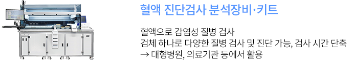 혈액 진단검사 분석장비·키트 - 혈액으로 감염성 질병 검사 검체 하나로 다양한 질병 검사 및 진단 가능, 검사 시간 단축 → 대형병원, 의료기관 등에서 활용