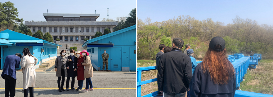 왼쪽 판문점에서 기념촬영하는 방문객, 오른쪽 판문점 도보다리를 살펴보는 방문객