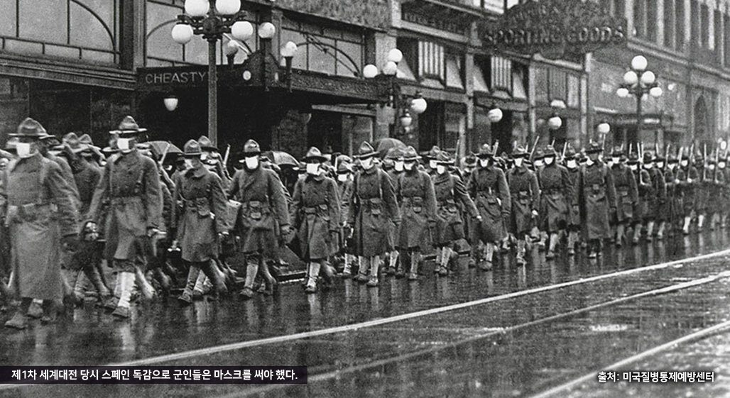  제1차 세계대전 당시 스페인 독감으로 군인들은 마스크를 써야 했다.