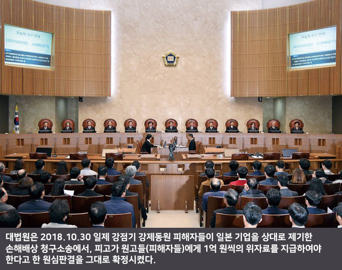 대법원은 2018.10.30 일제 강점기 강제동원 피해자들이 일본 기업을 상대로 제기한 손해배상 청구소송에서, 피고가 원고들(피해자들)에게 1억 원씩의 위자료를 지급하여야 한다고 한 원심판결을 그대로 확정시켰다.