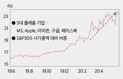 미국 5대 플랫폼 시업의 시가 총액 비중