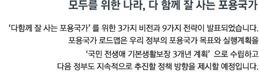 '다함께 잘 사는 포용국가' 를 위한 3가지 비전과 9가지 전략이 발표되었습니다. 포용국가 로드맵은 우리 정부의 포용국가 목표와 실행계획을 '국민 전생애 기본생활보장 3개년 계획' 으로 수립하고 다음 정부도 지속적으로 추진할 정책 방향을 제시할 예정입니다.