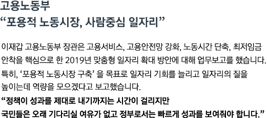 이재갑 고용노동부 장관은 고용서비스, 고용안전망 강화, 노동시간 단축, 최저임금 안착을 핵심으로 한 2019년 맞춤형 일자리 확대 방안에 대해 업무보고를 했습니다. 특히, '포용적 노동시장 구축' 을 목표로 일자리 기회를 늘리고 일자리의 질을 높이는데 역량을 모으겠다고 보고했습니다. <br><strong>"정책이 성과를 제대로 내기까지는 시간이 걸리지만 국민들은 오래 기다리실 여유가 없고 정부로서는 빠르게 성과를 보여줘야 합니다."</strong>