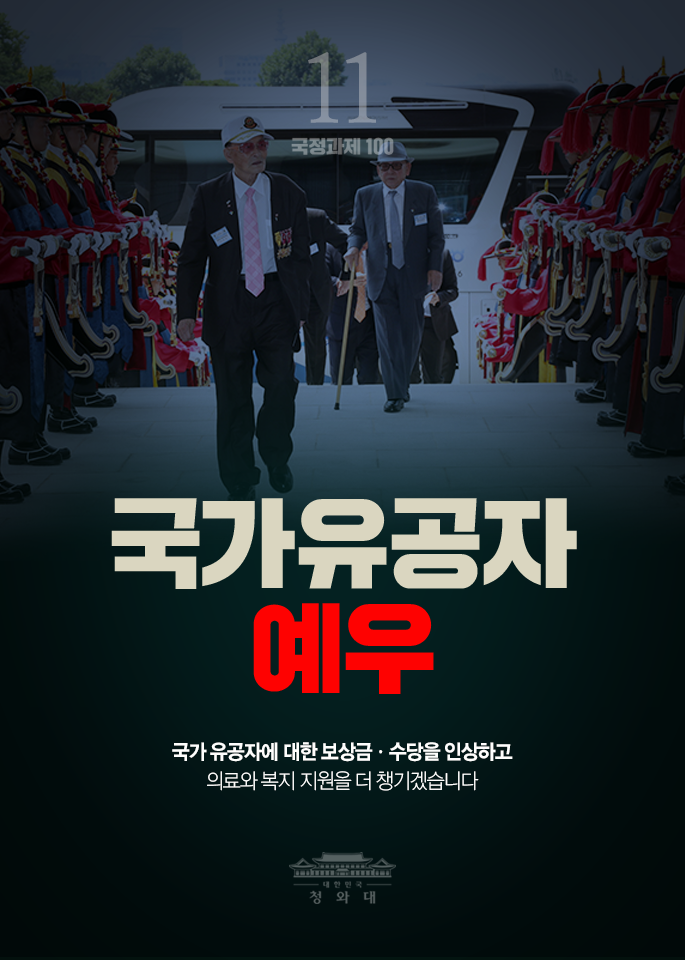국가유공자 예우-국가 유공자에 대한 보상금,수당을 인상하고 의료와 복지 지원을 더 챙기겠습니다.