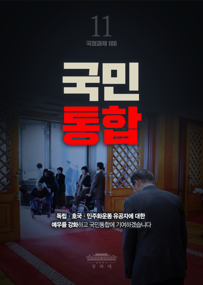 국민통합-독립,호국,민주화운동 유공자에 대한 예우를 강화하고 국민통합에 기여하겠습니다.