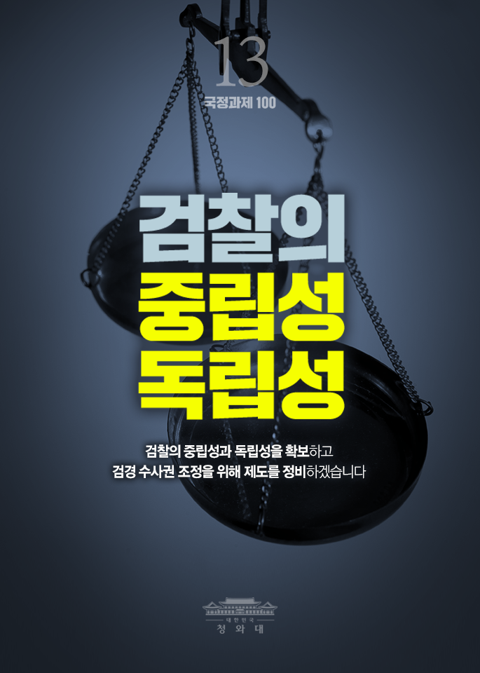 검찰의 중립성 독립성-검찰의 중립성과 독립성을 확보하고 검경 수사권 조정을 위해 제도를 정비하겠습니다.