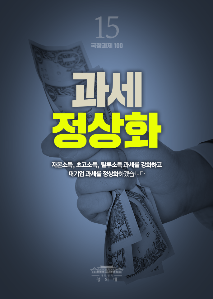 과세 정상화-자본소득,초고소득,탈수로득 과세를 강화하고 대기업 과세를 정상화하겠습니다.