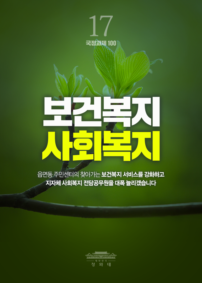 보건복지 사회복지-읍면동 주민센터의 찾아가는 보건복지 서비스를 강화하고 지자체 사회복지 전담공무원을 대폭 늘리겠습니다.