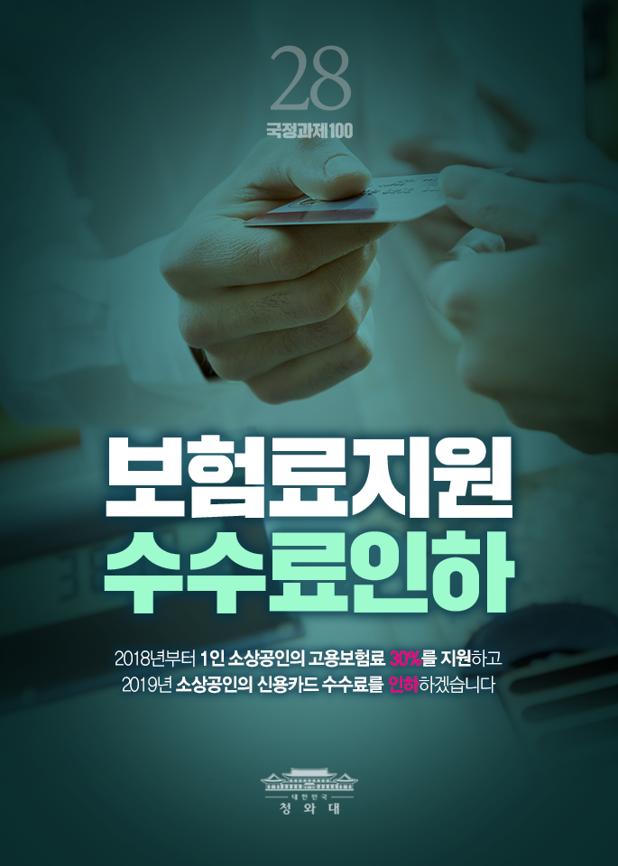 보험료지원 수수료인하-2018년부터 1인 소상공인의 고용보험료 30%를 지원하고 2019년 소상공인의 신용카드 수수료를 인하하겠습니다.