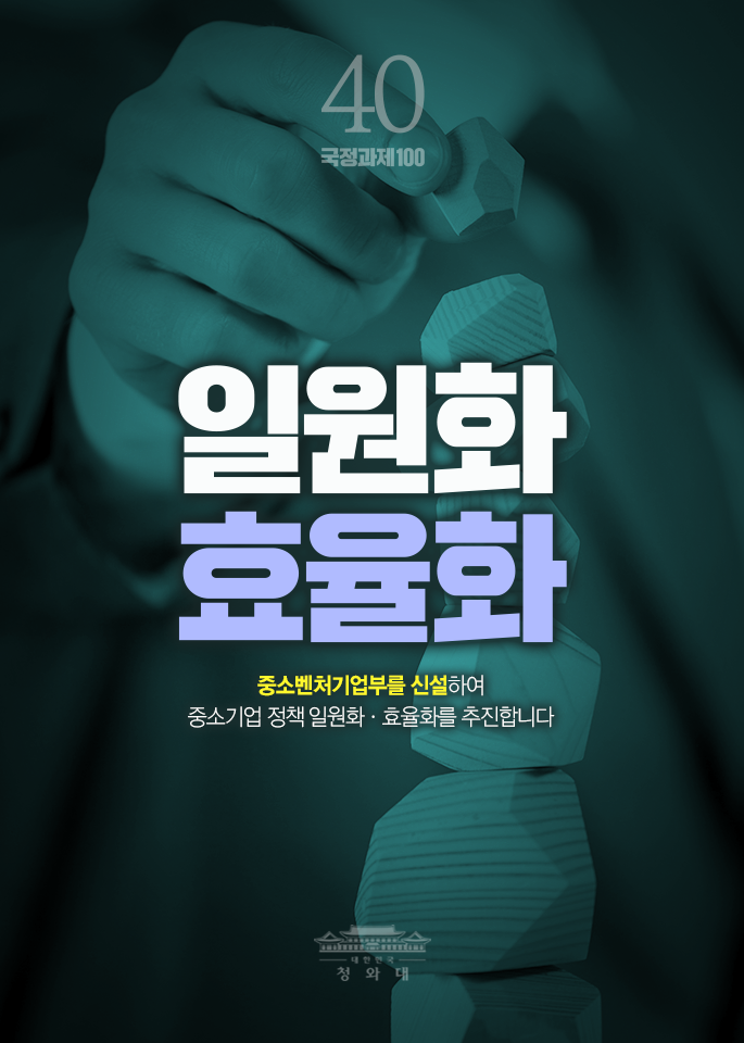 일원화 효율화-중소벤처기업부를 신설하여 중소기업 정책 일원화, 효율화를 추진합니다.