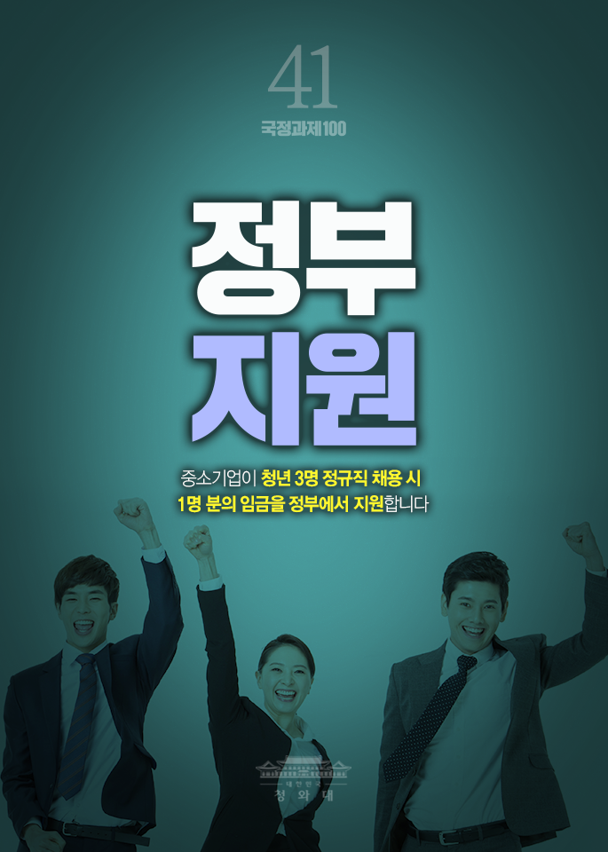 정부지원-중소기업이 청년 3명 정규직 채용 시 1명 분의 임금을 정부에서 지원합니다.